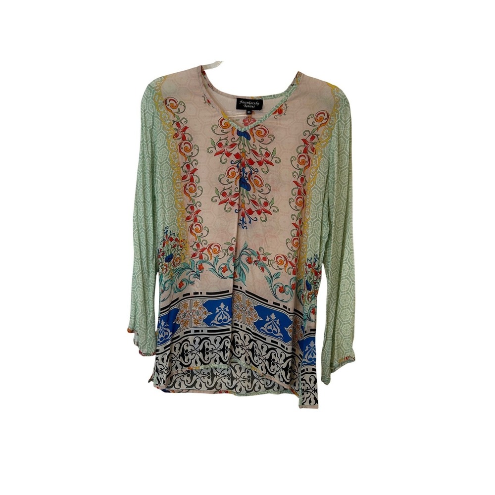 Feathers by Tolani Blouse Women XS Multicolor Floral Geometric Print Boho V-Neck